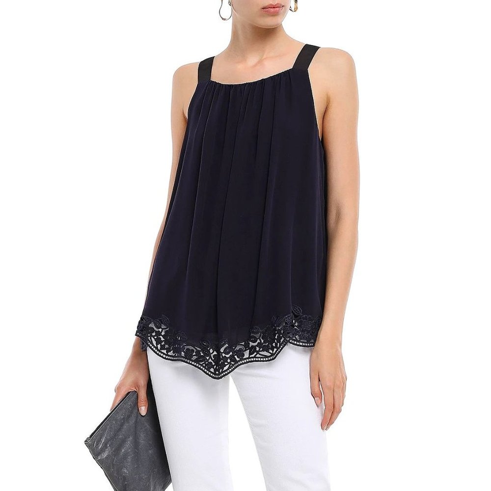 NEW Kate Spade Embroidered Trim Silk Top, Rich Navy, Small, Sleeveless, Lined - Picture 2 of 15